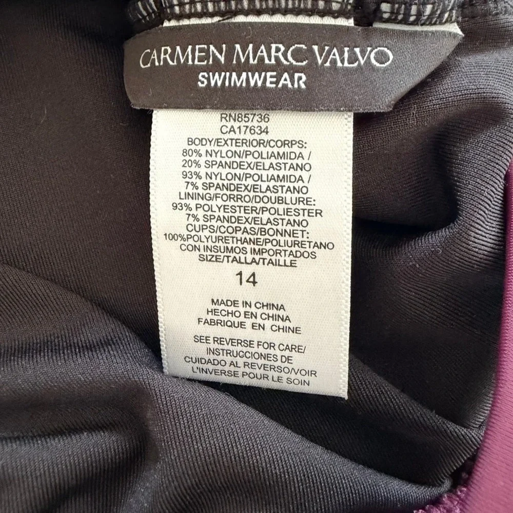 Carmen Marc‎ Valvo Swimsuit Womens 14 Burgundy One Piece Mesh C94809 Square Neck